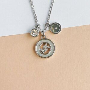 🍓Authentic Michael Kors Crystal Logo Triple Charm Silver Pendant Necklace